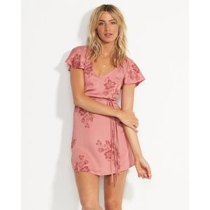 Billabong Mini Dress Small Pink Fine Flutter Floral Short Sleeve A-Line